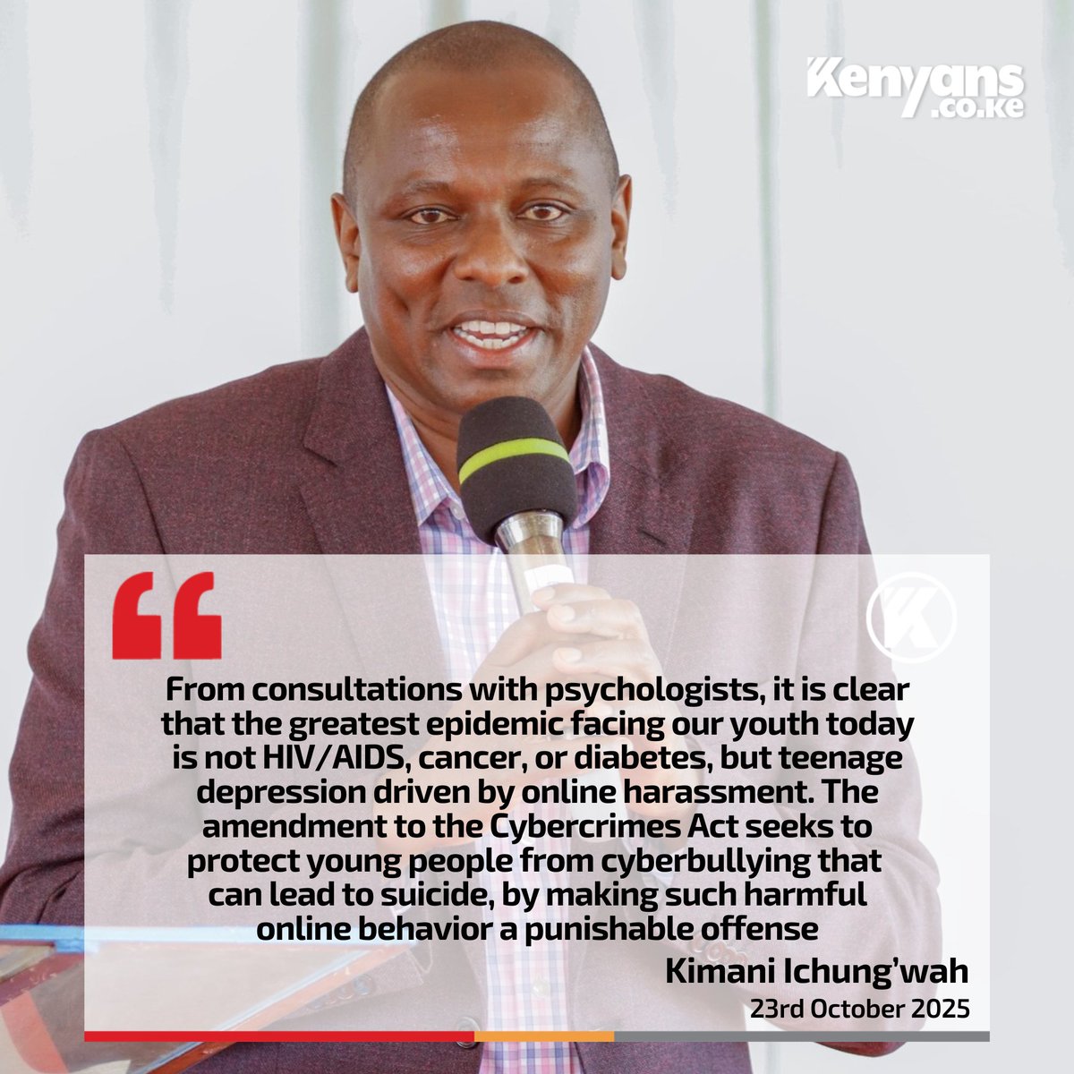 Kenyans's tweet image. The greatest epidemic facing our youth today is not HIV/AIDS, cancer, or diabetes, but teenage depression driven by online harassment - Ichung'wah