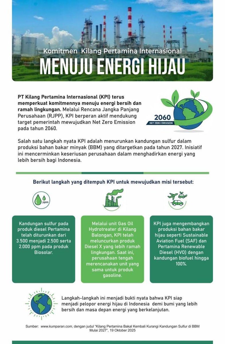 Bahan bakarnya dari minyak jelantah, hasilnya energi masa depan! 🔥
KPI lewat Kilang Cilacap udah buktiin konsep Green Refinery jalan.
Tahun ini, Dumai &amp; Balongan siap ikut hijaukan bumi. 🌍
Amazing banget program Energi Ramah Lingkungan yang di hadirkan KPI.