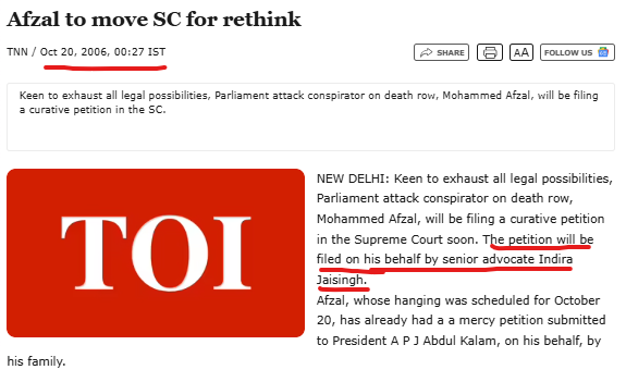 RakeshKishore_l's tweet image. 🚨REMEMBER PARLIAMENT ATTACK CONSPIRATOR MOHAMMED AFGAL GURU❗️

In October, 2006 Supreme Court&apos;s Senior Advocate Indira Jaisingh filed a curative petition against Death Row on AFGAL GURU&apos;s Behalf in the Supreme Court.