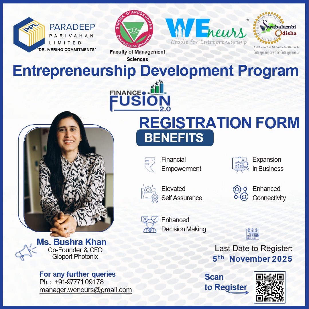 🎉 ANNOUNCEMENT! 🎉

Take charge of your business finances with EDP Finance Fusion 2.0 💼✨

👩‍💼 Mentor: Ms. Bushra Khan, Co-Founder &amp; CFO – Gloport Photonix
💥 Free Registration | 🗓 Apply by 5 Nov 2025
🔗 Register Now: forms.gle/voEwBX6WDd4TYD…