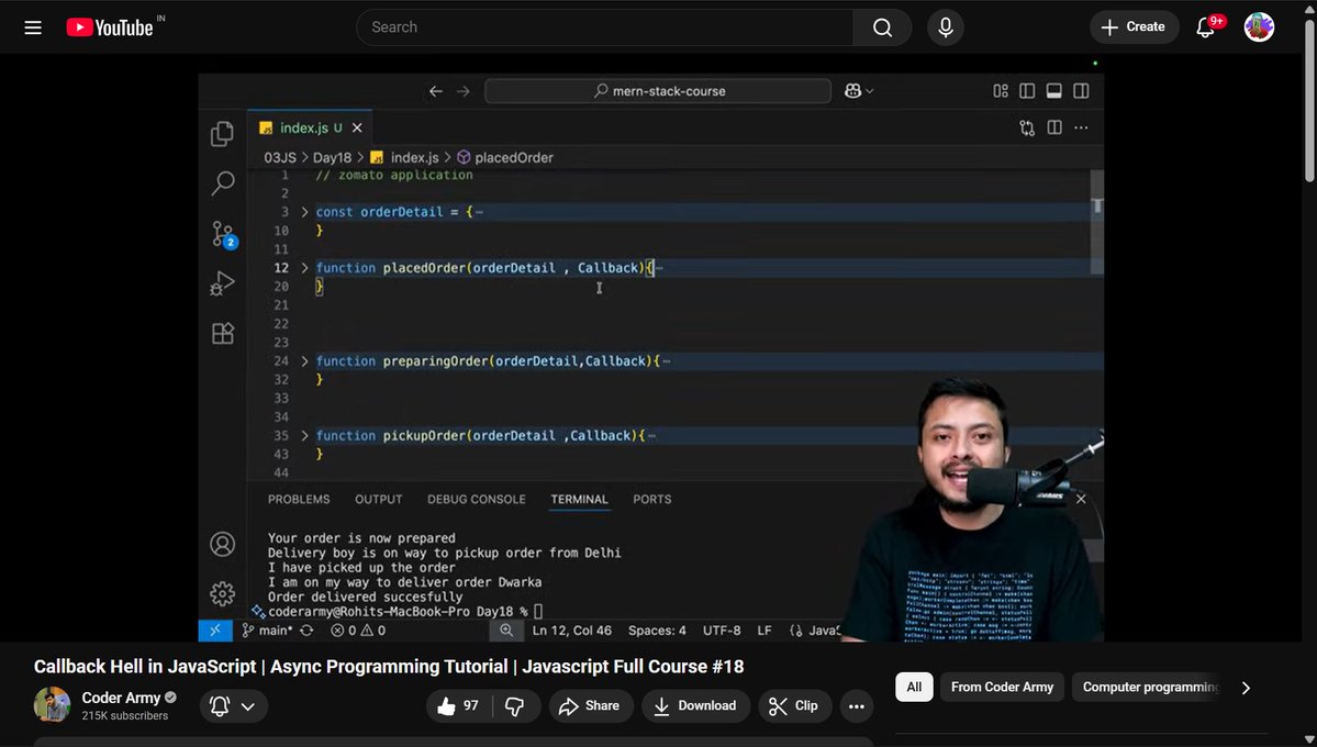 Null_Nishant's tweet image. Today’s progress: Implemented a food order flow using callbacks in JS 💻
From placing ➡️ preparing ➡️ pickup — simulated async operations step by step.
Thanks @rohit_negi9 for simplifying the concept of callback hell 🔥
#JavaScript #AsyncJS #WebDevelopment #LearnCoding #MERNstack