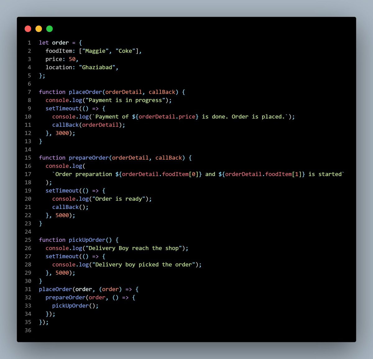 Null_Nishant's tweet image. Today’s progress: Implemented a food order flow using callbacks in JS 💻
From placing ➡️ preparing ➡️ pickup — simulated async operations step by step.
Thanks @rohit_negi9 for simplifying the concept of callback hell 🔥
#JavaScript #AsyncJS #WebDevelopment #LearnCoding #MERNstack