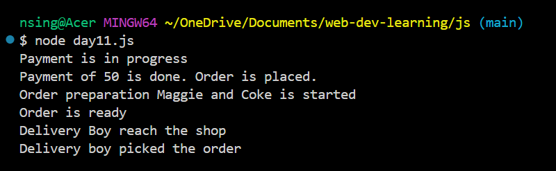 Null_Nishant's tweet image. Today’s progress: Implemented a food order flow using callbacks in JS 💻
From placing ➡️ preparing ➡️ pickup — simulated async operations step by step.
Thanks @rohit_negi9 for simplifying the concept of callback hell 🔥
#JavaScript #AsyncJS #WebDevelopment #LearnCoding #MERNstack