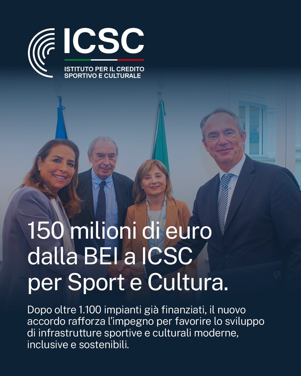 icsc_spa's tweet image. 150 milioni di euro dalla BEI - la @EIB - a ICSC per sostenere la costruzione e la riqualificazione di infrastrutture sportive e culturali in tutta Italia.

Un accordo che rafforza la collaborazione tra le due istituzioni.

Leggi di più: bit.ly/4qnI2b5