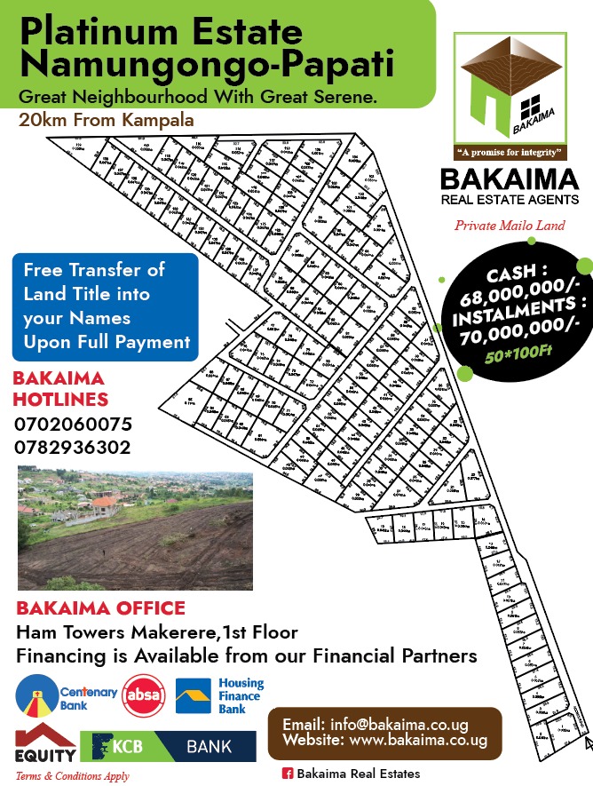 BakaimaGroup's tweet image. Own a plot today at Platinum Estate - Namugongo at UGX 70M with a flexible 3-year payment plan, or pay UGX 68M cash, and enjoy FREE title transfer.
