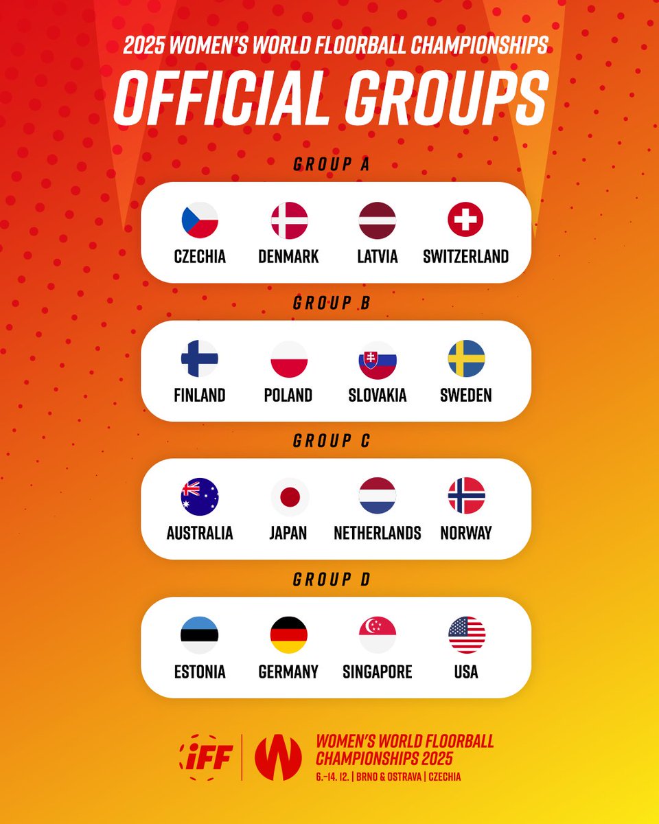 | WFC 2025 OFFICIAL GROUPS🔥
They play. They inspire. They make history.💫
Be part of it. Women’s WFC 2025 is coming to Brno &amp; Ostrava!
Get your tickets and cheer for your team wfc2025.cz
#wfc2025 #nopowerlikewomenpower #floorball #womensports #equalopportunities