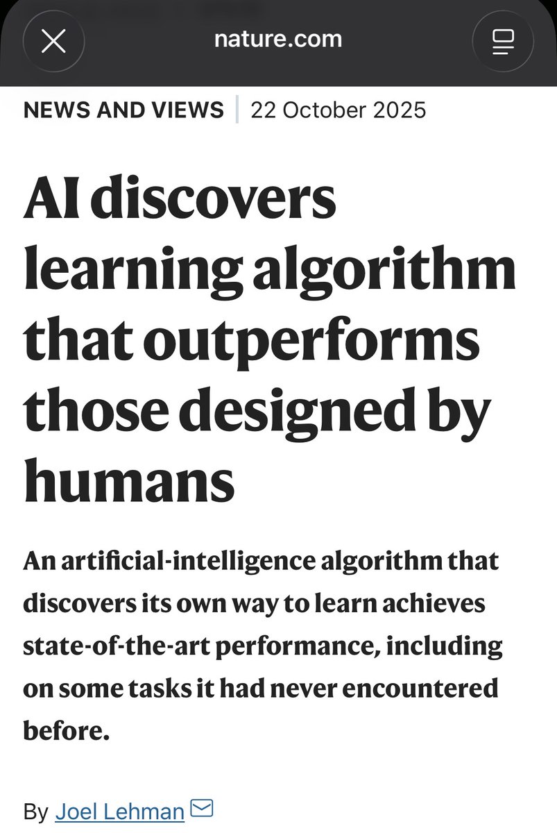 VraserX's tweet image. A new paper claims that AI has discovered a learning algorithm that outperforms those built by humans.
AI taught itself to learn. The student just became the teacher.
This marks a turning point, machines are no longer just executing human ideas but inventing their own. The…