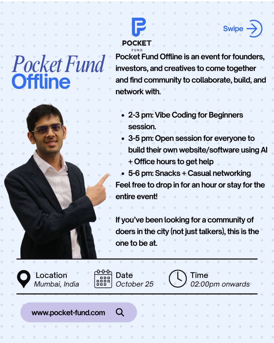 devlikesbizness's tweet image. Most founders in Mumbai are building alone.
No cofounder. No community. No 2AM feedback loop.
That’s why we started Pocket Fund Offline - a meetup where people actually build.
No panels. No suits. Just laptops, coffee & shipping.
Schedule:
🧑💻2–3 PM — Vibe Coding for Beginners…