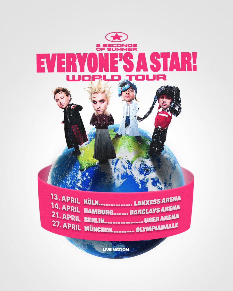 Ticketmaster (@ticketmasterde) on Twitter photo 🚨 5SOSFam aufgepasst!🚨
Im April kommen <a href="/5SOS/">5 Seconds of Summer</a> mit ihrer "Everyone's A Star! World Tour" nach Deutschland!🤩
Tickets findet ihr nächste Woche Donnerstag, 10 Uhr, im Ticketmaster Presale: bit.ly/4o3BCMG 🚨 5SOSFam aufgepasst!🚨
Im April kommen <a href="/5SOS/">5 Seconds of Summer</a> mit ihrer "Everyone's A Star! World Tour" nach Deutschland!🤩
Tickets findet ihr nächste Woche Donnerstag, 10 Uhr, im Ticketmaster Presale: bit.ly/4o3BCMG