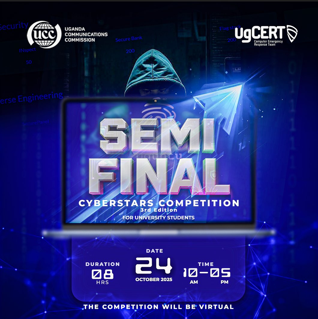 Joel. (@khanzjoel) on Twitter photo 🚨 ALERT: Uganda's EPIC cyber clash is ON! The UCC CyberStars 3rd Edition Semi-Finals drop Oct 24, 2025, 10AM-5PM EAT  the BIGGEST hacking battle for uni students! Virtual labs, reverse eng, exploits & more. Who's cracking the code to glory? 💻🔥  by <a href="/UCC_Official/">UCC</a>  and <a href="/UgCERT/">UgCERT</a> 🚨 ALERT: Uganda's EPIC cyber clash is ON! The UCC CyberStars 3rd Edition Semi-Finals drop Oct 24, 2025, 10AM-5PM EAT  the BIGGEST hacking battle for uni students! Virtual labs, reverse eng, exploits & more. Who's cracking the code to glory? 💻🔥  by <a href="/UCC_Official/">UCC</a>  and <a href="/UgCERT/">UgCERT</a>
