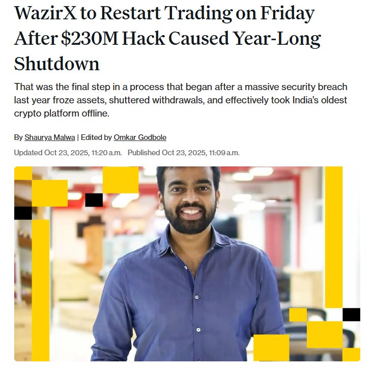 🚨 WazirX Is Back! 

Trading Reopens from 24th October 

#WazirX ne announce kar diya hai- trading 24 October se firse start ho rahi hai, wo bhi ZERO trading fee ke saath!

95% users ne restructuring plan ko approve kiya tha, aur ab exchange phase-wise reopen ho raha hai 👇

📅