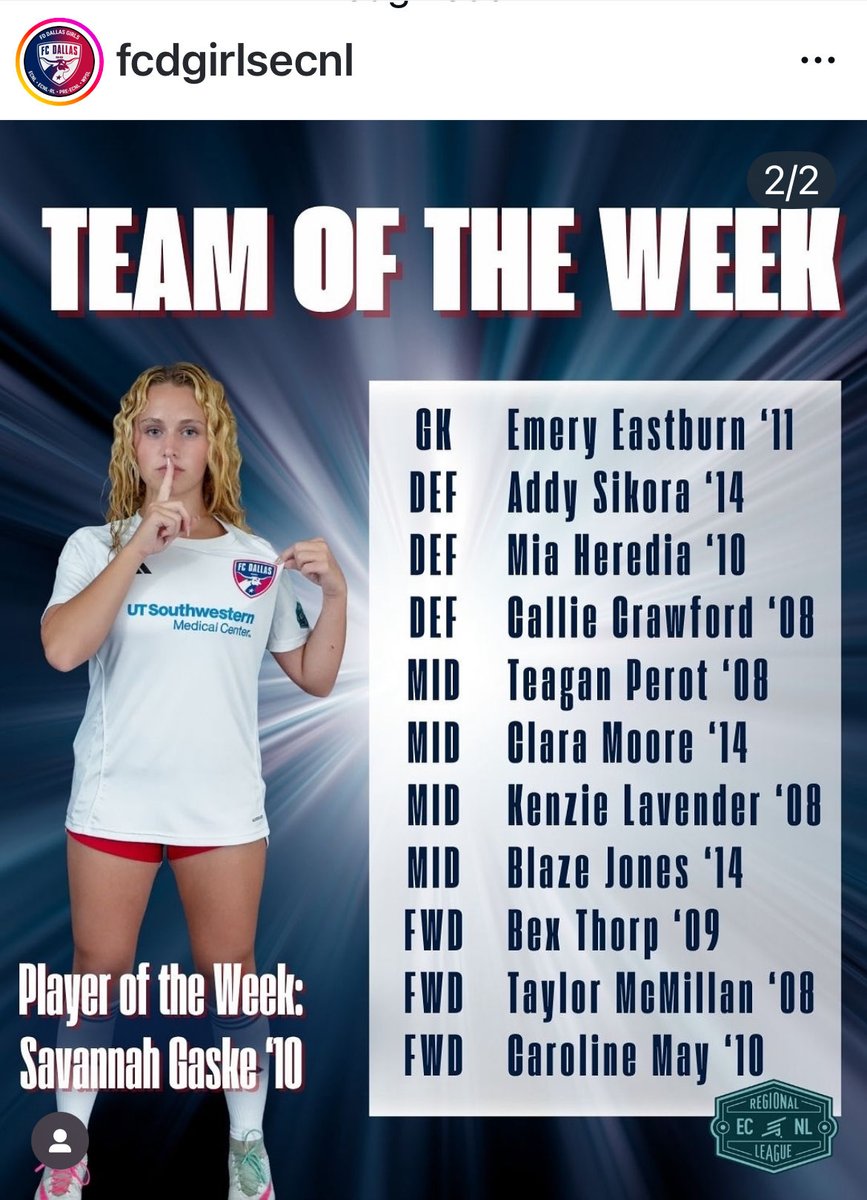 Thanks <a href="/FCDGirlsECNL/">FC Dallas Girls ECNL</a> for the recognition, and congrats to my teammates who were also recognized this week! 
#TOTW