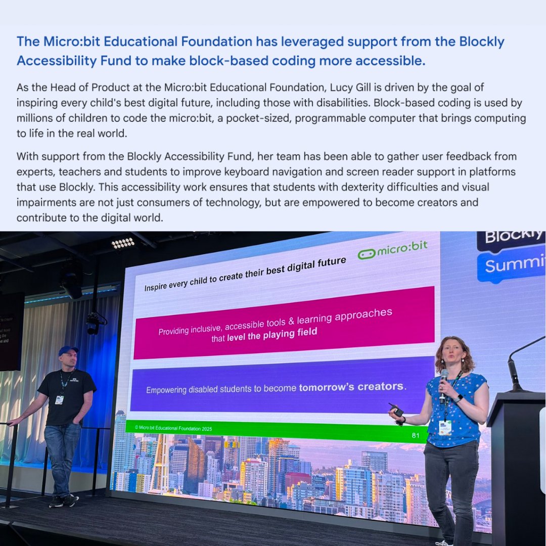 microbit_edu's tweet image. Through the Blockly Accessibility Fund, we’re collaborating with @Google.org, @MSMakeCode and the Blockly team to make block-based coding more accessible for students with dexterity and visual impairments.