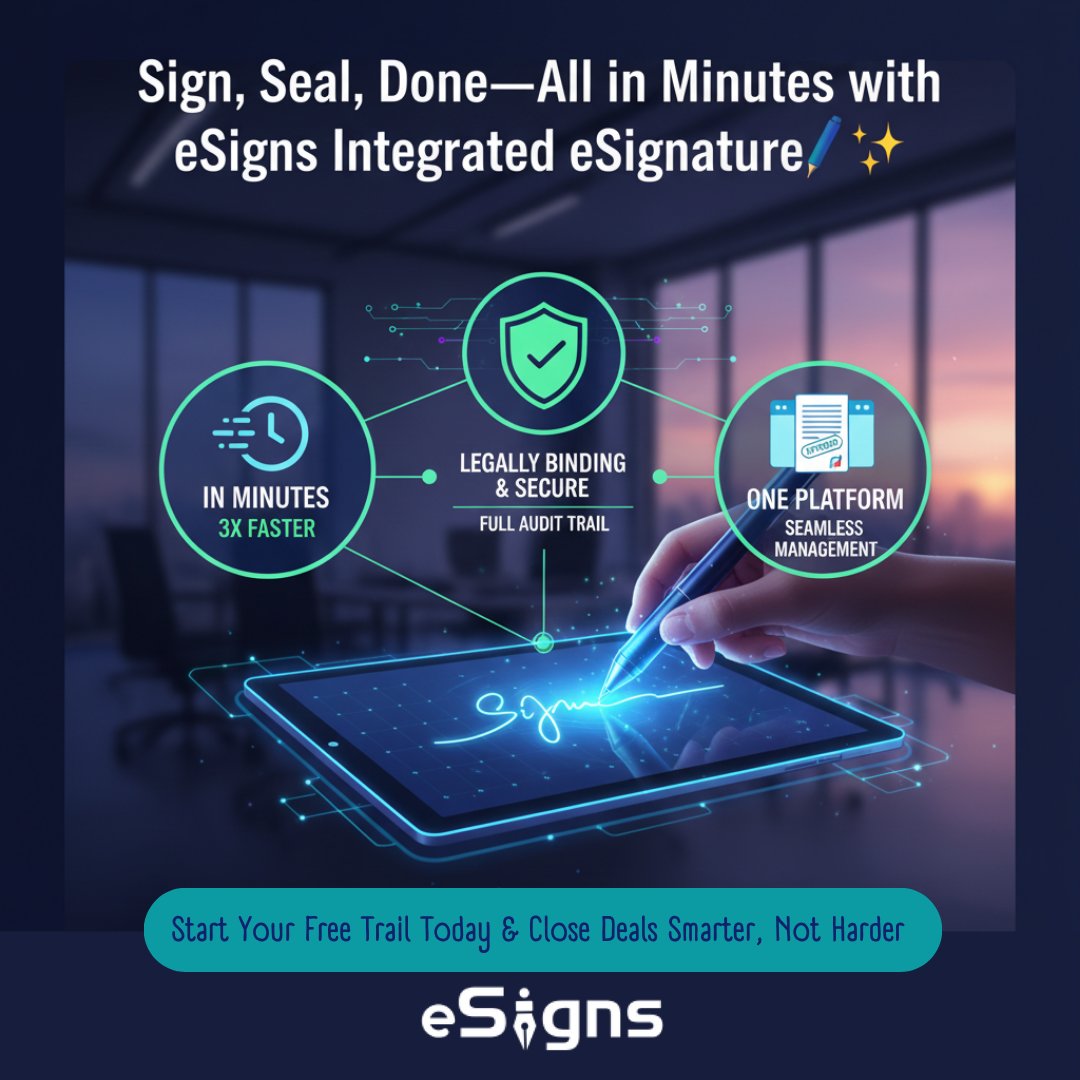 eSignsSoftware's tweet image. From draft to done in minutes⏱️—eSigns integrated signature platform: fast, legally binding📄✅, and fully auditable with no more tool-hopping. Book your demo today!
#eSignature #DigitalSignatures #ContractManagement #DocumentAutomation #eSigns #CLMSoftware #PaperlessWorkflow