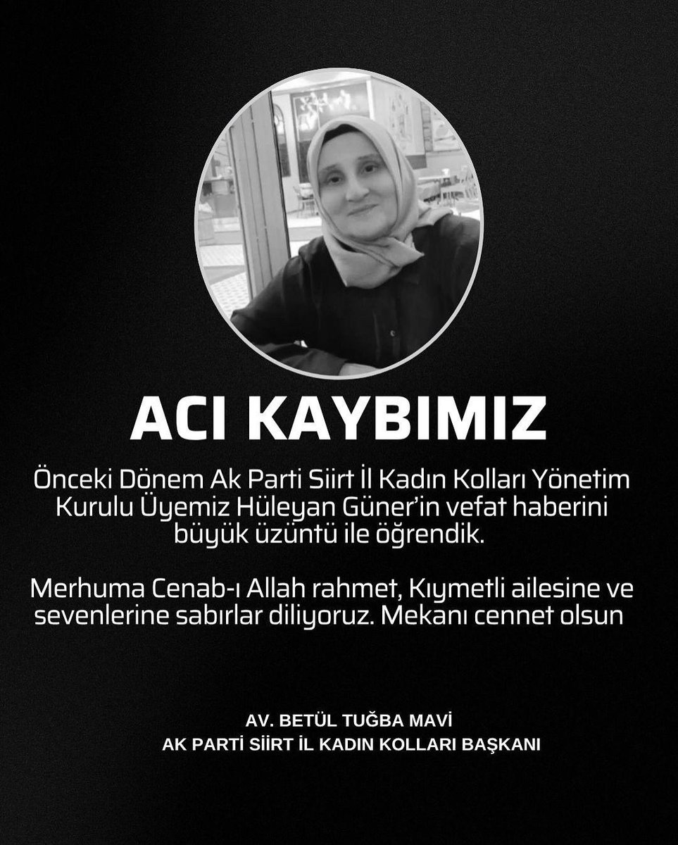 Önceki Dönem İl Kadın Kolları Yönetim Kurulu Üyemiz Hüleyan Güner’in vefat haberini büyük üzüntü ile öğrendik. 

Merhuma Cenab-ı Allah rahmet, Kıymetli ailesine ve sevenlerine sabırlar diliyoruz. Teşkilatımızın başı sağolsun..