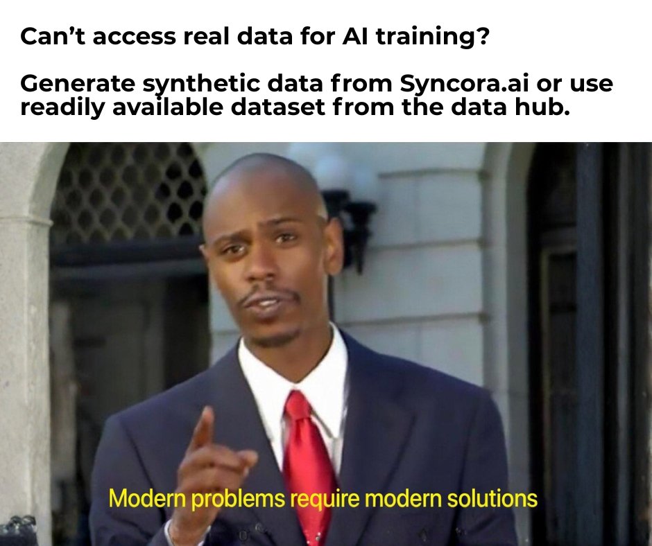 syncora_ai's tweet image. 🔒 Real data is locked
⚖ Compliance is complex ️
⏳ Innovation can’t wait

👉 Generate synthetic data and keep building.

Old &amp;amp; modern data problems👉 Modern solutions with #SyncoraAI

#SyncoraAI #syntheticdatageneration #AItrainingdata #ML #AIML #decentralizeddata…
