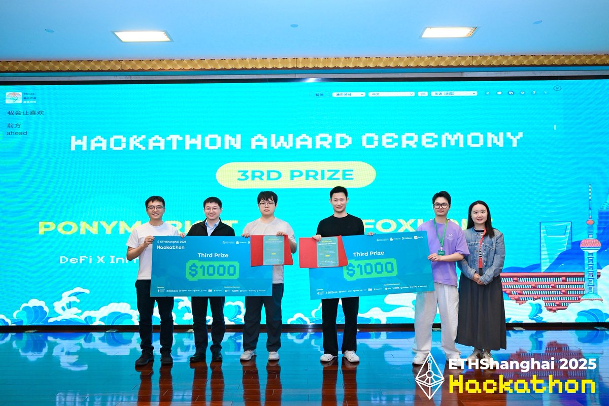 OurTinTinLand's tweet photo. 🎉 The #ETHShanghai Hackathon 2025 has officially wrapped up!

After 4 days of building and collaboration, developers from around the world gathered in Shanghai to explore the next frontiers of Web3.

🌟 Main Track Winners

🏆 1st: Yield Market (DeFi x Infra) | $2,000

🥈 2nd: VRF using EIP 2537 (Chain for Good), Wandfi (DeFi x Infra) | $1,500 each

🥉 3rd: Ponymarket (DeFi x Infra), Foxhole (AI × ETH) | $1,000 each

These projects exemplify both technical excellence and long-term vision for the #Web3 ecosystem.

🥳 ETHShanghai Hackathon 2025 is proudly co-hosted by @ETHPanda_Org, @WXblockchain, @PANewsCN & @OurTinTinLand.

🫡 Massive thanks to our judges, mentors, partners & community for making this possible!

💪 Congrats to all winners and every builder who participated. See you on the next stop of the #Ethereum journey!

#Hackathon #TinTinLand
