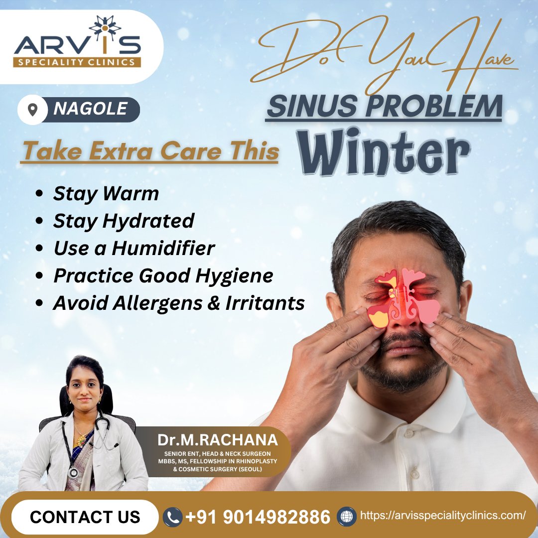 ArvisClinics's tweet image. #Sinusitis #SinusProblem #ENTCare #ENTSpecialist #WinterHealth #SinusRelief #NasalCongestion #NoseProblems #DrRachana #ArvisClinics #Nagole #HyderabadHealth #BestSinusitisSpecialist #TopENT #HealthTips #WinterWellness #SinusTreatment #BreatheEasy #MedicalCare #SinusSurgeon