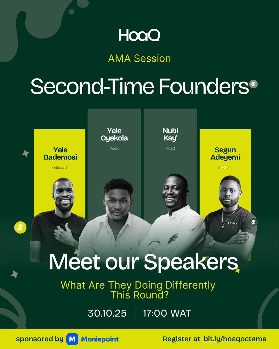 We’re bringing together another lineup you’ll definitely want to hear from.

Next week, we’re sitting down with <a href="/YeleBademosi/">Yele | Onboard 🌐</a> (<a href="/OnboardGlobal/">Onboard</a>), <a href="/segunhq/">Segun Adeyemi</a> (<a href="/buildwithanchor/">Anchor (YC S22)</a>), Yele Oyekola (<a href="/tryduplo/">Duplo</a>), and <a href="/NubiKay/">Nubi Kay' ⚡️</a> for a conversation on ‘Second-Time Founders’.

1/2