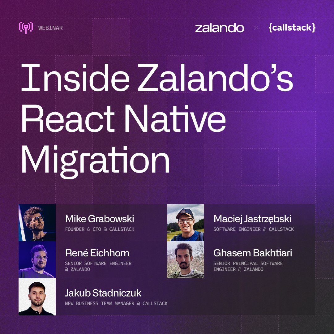 callstackio's tweet image. The @Zalando team is integrating React Native into a large production app using a brownfield setup.
On Nov 5, we’ll team up to walk you through:
➡️ Running React Native as a package
➡️ Interop with native platform
➡️ Cross-platform UI using Rendering Engine
➡️ Developer…