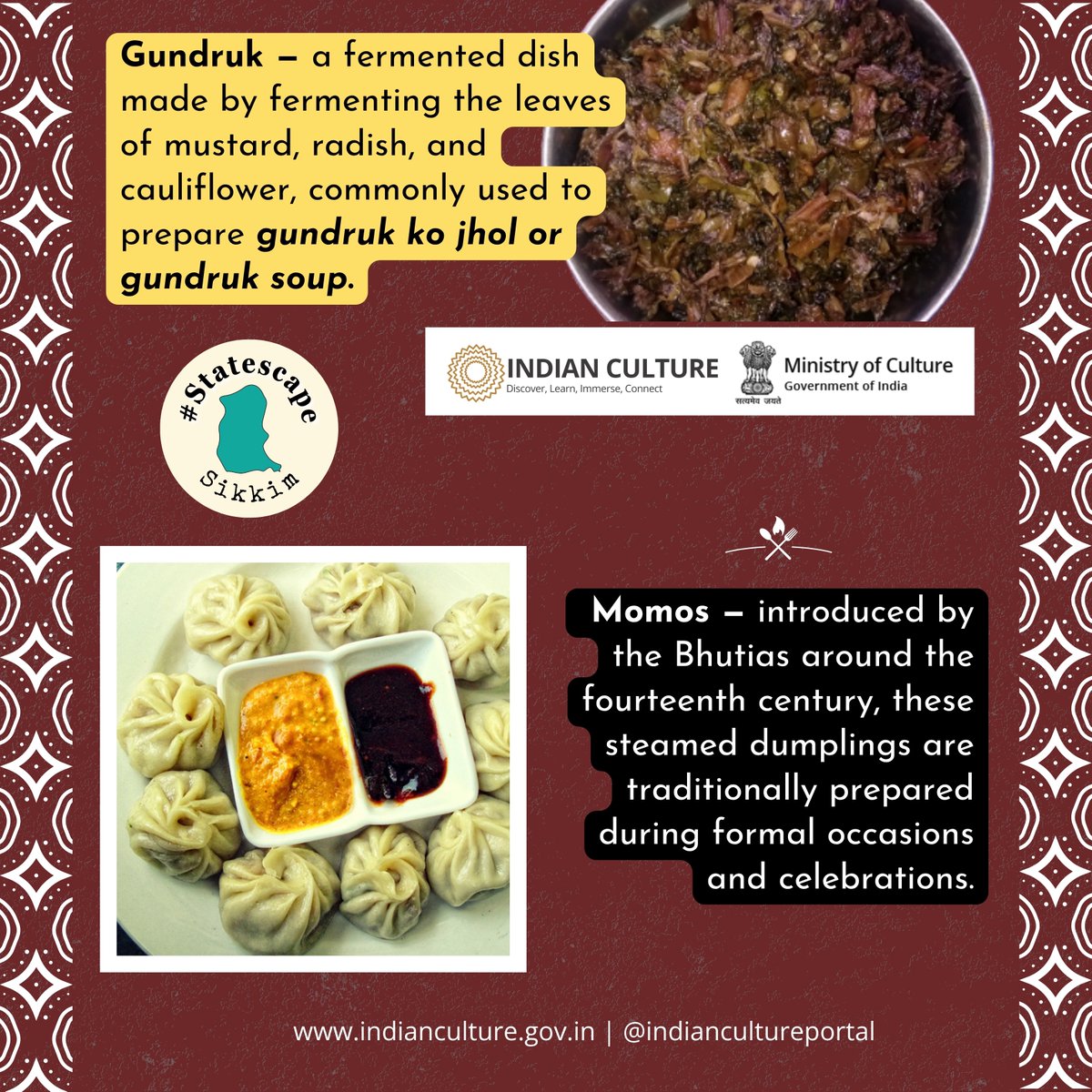 _IndianCulture's tweet photo. From #SelRoti & #Thukpa to #Tongba & #Gundruk, every #dish of #Sikkim tells a #story of #tradition, #community & #celebration.
Visit: https://t.co/gSQIs2LXIU to know about #NortheastIndia #IndianCulture & more.
@MinOfCultureGoI
@AmritMahotsav
@MDoNER_India
@incredibleindia https://t.co/WASBIpaBEr