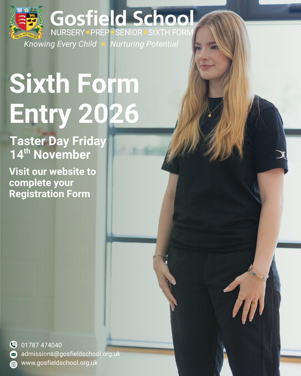 Your Sixth Form journey starts here! Apply now and shape the future you want.

Join us for a taster day on Friday 14th November and register your place for September 2026!

#gosfieldsixthform #futureready #choosegosfield