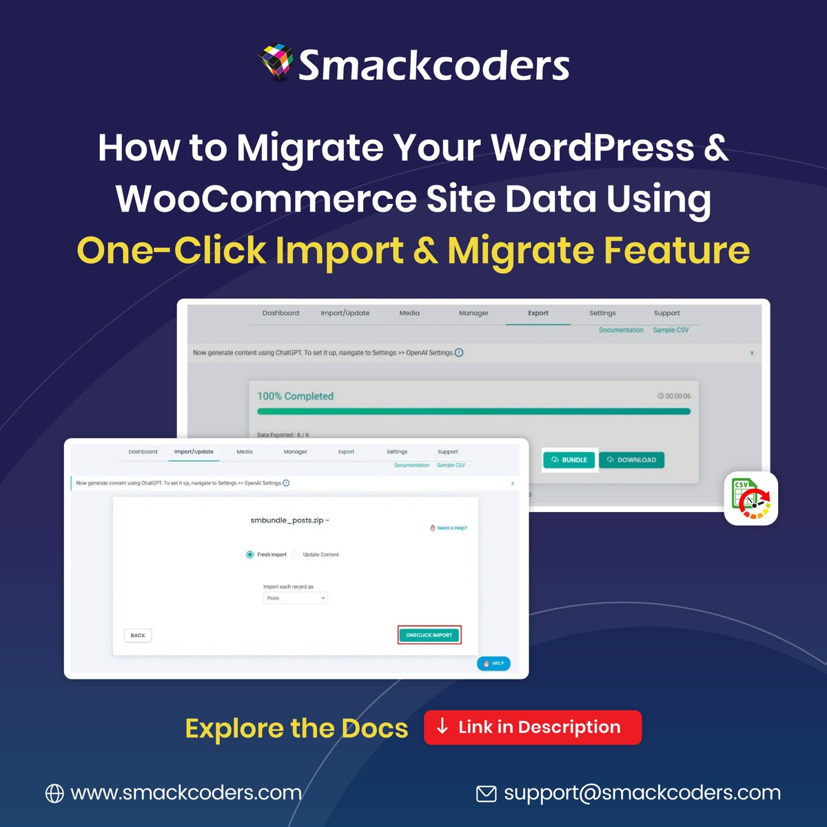 smackcoders's tweet image. 🚀 Migrate your WordPress & WooCommerce data in just one click
Transfer posts, pages, products, users & more safely with WP Ultimate CSV Importer Pro. No manual errors, no lost data.
👉Learn More: smackcoders.com/documentation/… 
#WordPress #WooCommerce #DataMigration #OneClickImport