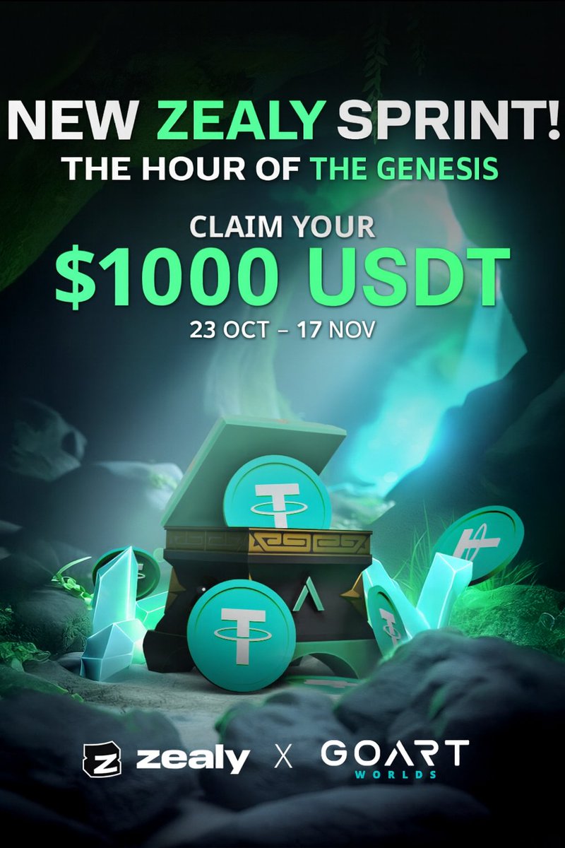 goartworlds's tweet image. THE HOUR OF THE GENESIS 🌒 Zealy Sprint is LIVE! 🚀

Complete quests, climb the leaderboard, and earn your share of 1,000 $USDT!

Only the Top 100 Travelers will rise to glory. ⚔️

🔗 Join now: zealy.io/cw/goartworlds…

#GoArtSeason3 #GoArtWorlds #ZealySprint #Zealy #Web3Gaming…