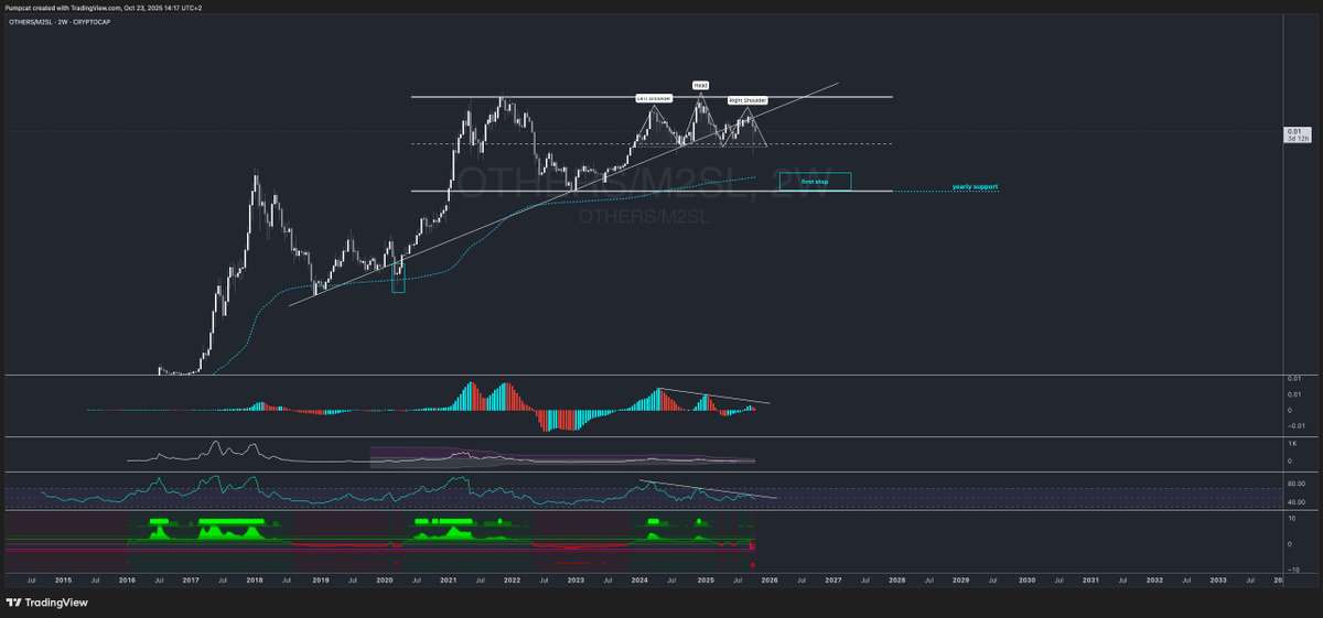 pumpc4t's tweet photo. 'Altcoins look great, they're about to x100 soon.'

No they don't 🤥

- We got 3 local tops looking like a H&amp;S with each top lower momentum, against a macro channel top.
- Diagonal support (white) broken down
- Yearly support (yearly candle, channel lows + mean) is 68% lower 👈 https://t.co/VKO3UeWe9o