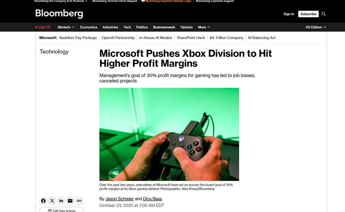 NEW Bloomberg article paints again a VERY GRIM picture of Xbox's future...  

Microsoft is laying down the hammer, they want to see higher profits. Margins that are unrealistic and currently killing studios/games/jobs.

I just don't know how people think things will improve.