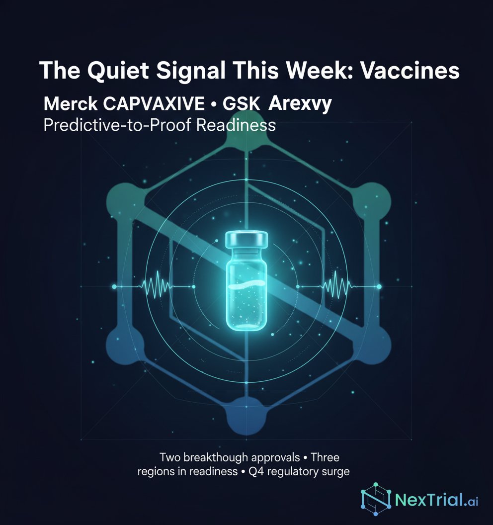 AIwithSteven's tweet image. 💉 The quiet signal this week is vaccines.

Merck’s CAPVAXIVE and GSK’s Arexvy mark the shift from regulatory process to predictive readiness, where orchestration turns speed into access.

Celina’s Predictive-to-Proof model connects activation to impact.

🔗 Read TrialForward…