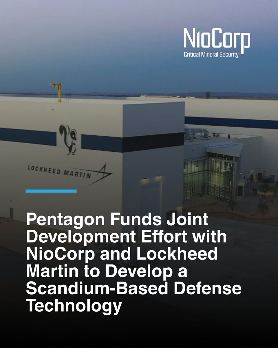 NioCorp is proud to be working with <a href="/LockheedMartin/">Lockheed Martin</a>  and Skunk Works® to harness the power of #Scandium in a new Pentagon-funded defense technology program developing aluminum-scandium alloy components for next-generation fighter aircraft.

More → niocorp.com/pentagon-funds… $NB