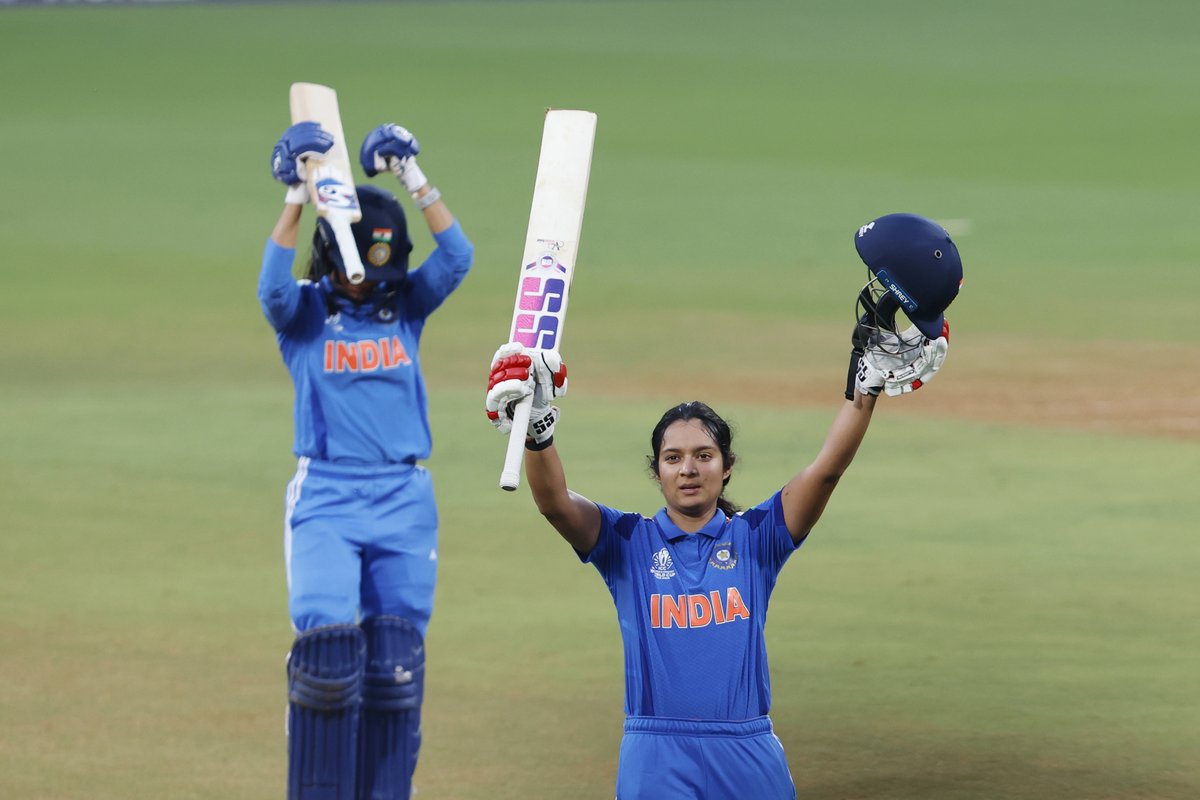 BCCIWomen's tweet photo. That maiden World Cup hundred feeling 😊

📸 📸 Pratika Rawal brings up her first-ever century in ICC Women’s Cricket World Cups 💯👏

Updates ▶ https://t.co/AuCzj0X11B

#TeamIndia | #WomenInBlue | #INDvNZ | #CWC25 https://t.co/DkrZwlwXuu