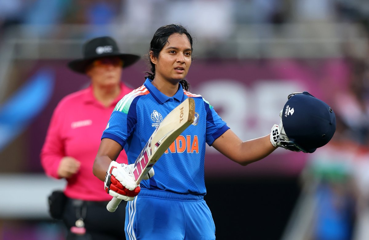 That maiden World Cup hundred feeling 😊 📸 📸 Pratika Rawal brings up her first-ever century in ICC Women's Cricket World Cups 💯👏 Updates ▷ https://t.co/AuCzj0X11B #TeamIndia | #WomenInBlue | #INDvNZ | #CWC25