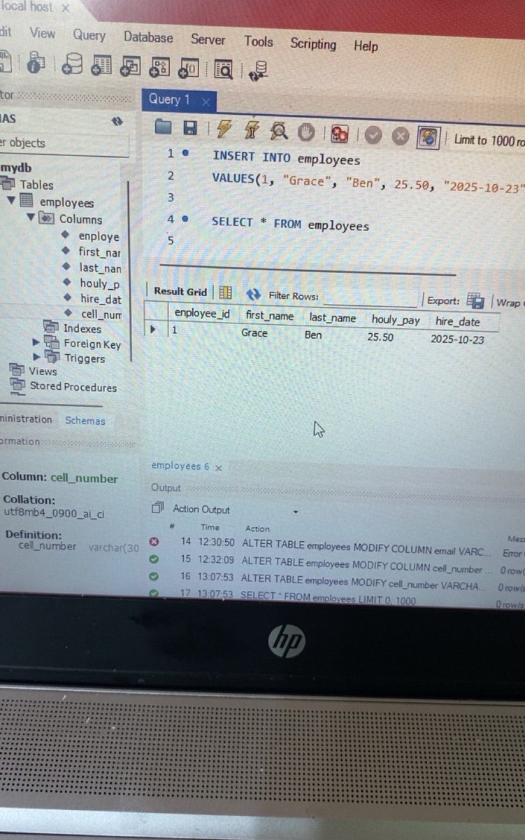 chillwCeCe's tweet image. Day 1 of learning SQL using mySQL workbench
• Learnt how to create, drop &amp;amp; alter, a db
• Learnt how to create, rename, delete, view &amp;amp; alter a table
• Learnt how to add a new column to a table
• Learnt how to rename &amp;amp; modify a column
• Learnt how to insert rows to a column