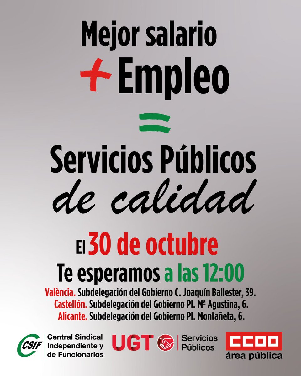 📣 El 30 de octubre las empleadas-os  públicas-os salimos a la calle
👉 Exigimos en el Gobierno que garantice subida salarial y mejoras de derechos para el personal público
Subdelegaciones del Gobierno 
📍 València
📍 Castelló
📍 Alicante
#SinTiNoFunciona #CumpleLosPactos