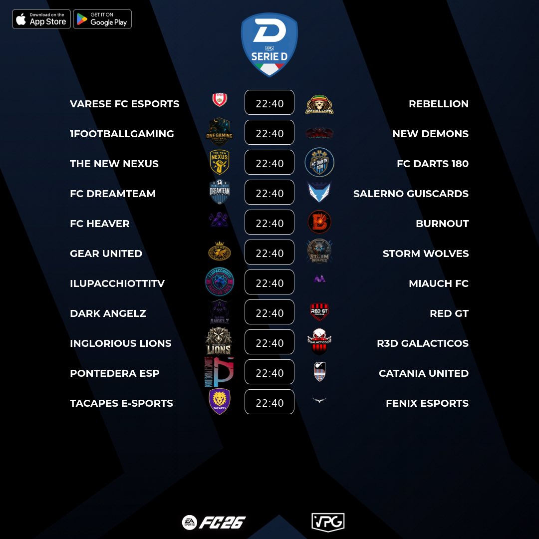 🇮🇹 <a href="/VPGItaly/">Virtual Pro Gaming Italy 🇮🇹</a> Serie D3
⚽️ Match #3
🗓️ 23/10/2025 - 22:40
🖥️ virtualprogaming.com/community/VPG-…

➡️ <a href="/VareseFCeSports/">Varese FC Esports</a> 🆚 <a href="/FCRebellionn/">Rebellionn</a>
➡️ <a href="/1FootballGaming/">One Gaming Football</a> 🆚 <a href="/NEWDEMONSX1/">Salvo Cassata</a>
➡️ <a href="/Th3N3wN3xus/">TheNewNexus</a> 🆚 <a href="/FcDarts180/">Fc Darts180</a>
➡️ <a href="/FC_DreamTeam_/">RIVERLOOP DREAMTEAM</a> 🆚 <a href="/SAguiscards/">Salerno Guiscards eSports</a>
➡️ #FCHEAVER 🆚 <a href="/_TeamBurnout/">BURNOUT</a>
➡️ <a href="/gearunited/">GEAR UNITED</a> 🆚