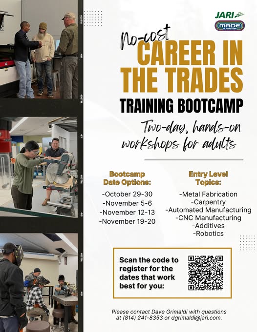 REGISTRATION NOW OPEN 📣 JARI, in partnership with Made In Johnstown, is thrilled these no-cost adult bootcamps are so popular! If you are interested in attending a no-cost CAREER IN THE TRADES Training Bootcamp, scan the code in image.