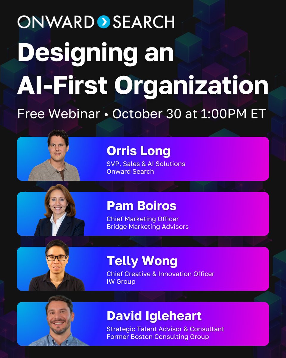 onwardsearch's tweet image. AI isn’t just changing how we work; it’s changing how organizations are built. In just 1 week, we&apos;ll be joined by a panel of accomplished leaders for a free webinar on how to future-proof creative, marketing &amp;amp; digital teams in an AI world. Link in thread. #AIFirst #AITips