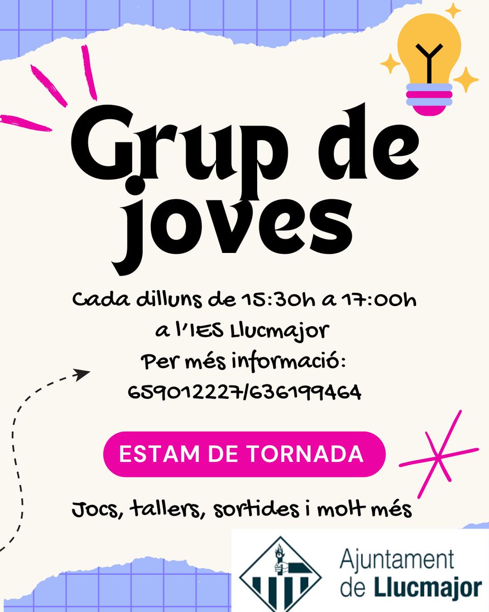 Torna el grup de joves! 🙌

Un any més, torna aquest espai de trobada per a joves amb jocs, dinàmiques i tallers variats pensats per passar-ho bé i compartir bons moments! 💬🎲🎨

Per a més informació:
📞 659 012 227 / 636 199 464