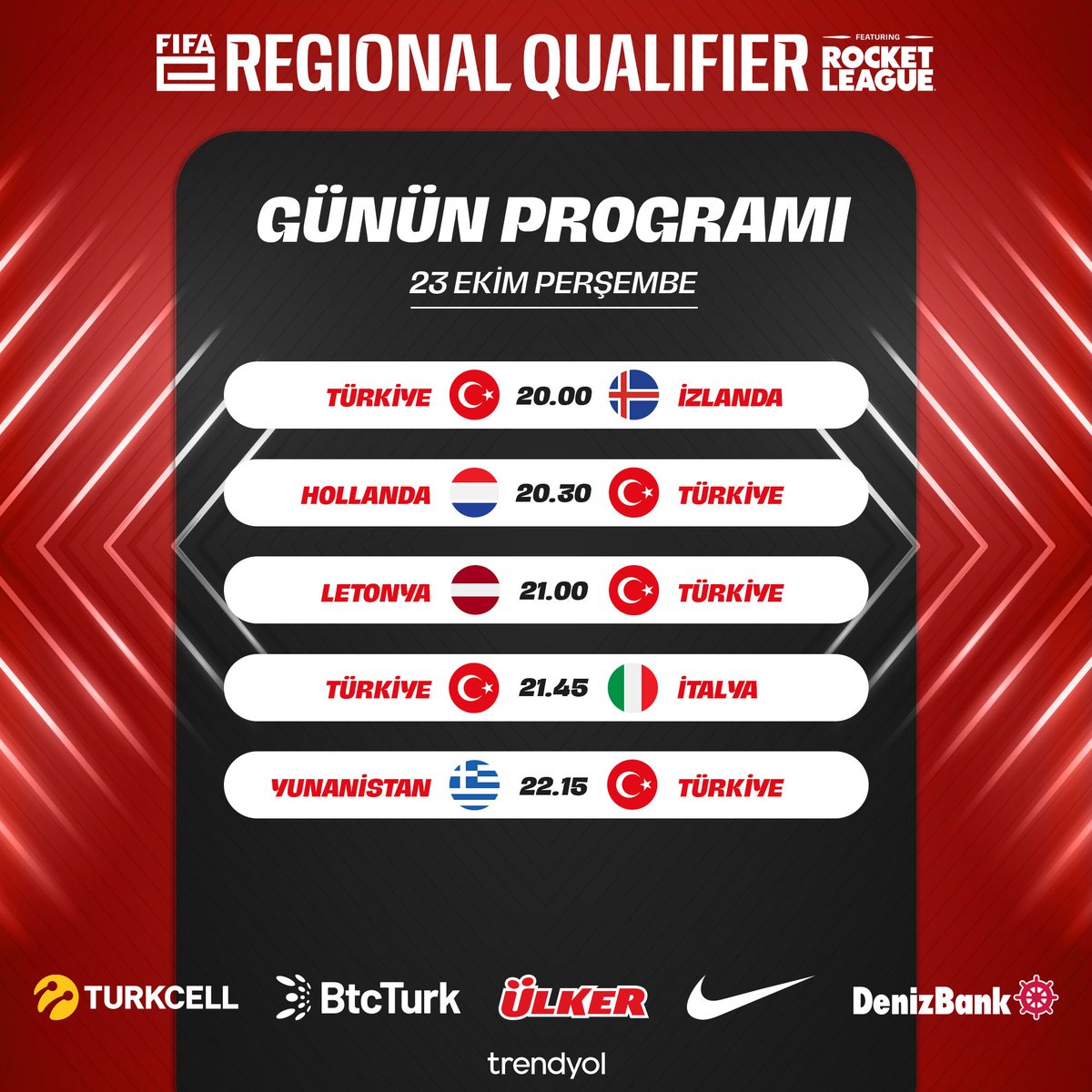 Rocket League eMillî Takımımızın, <a href="/FIFAe/">FIFAe</a> Dünya Kupası Avrupa Elemesi maçları bugün başlıyor! Başarılar #BizimÇocuklar 🇹🇷

📺 Müsabakaları canlı olarak TFF YouTube Kanalından izleyebilirsiniz.