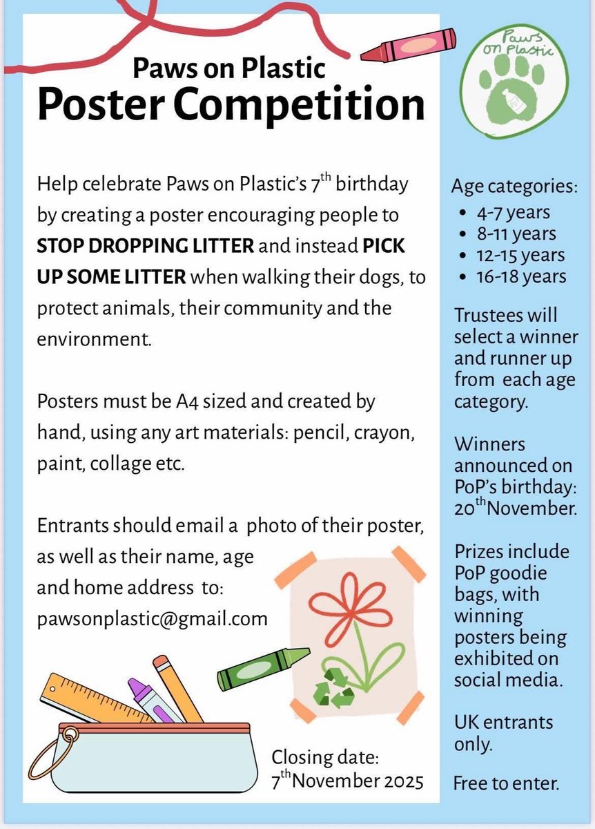 pawsonplastic's tweet photo. Have you submitted a poster yet?
🌟 Poster Competition 🌟
To celebrate our upcoming 7th birthday in November we’re delighted to launch our 1st poster competition.
Please help spread the word! A great thing for the October hols. Deadline 7th November
#octoberholidays #dogsofx https://t.co/BoMSEIOPAM