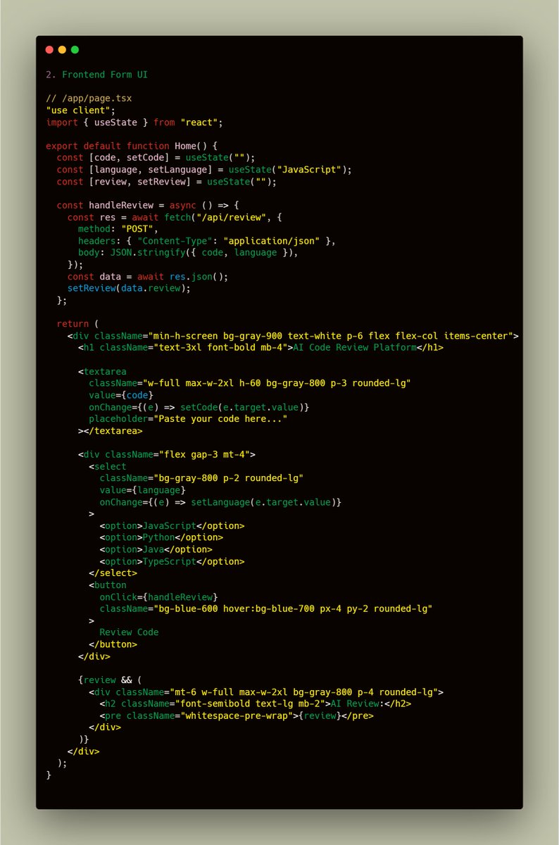 e_opore's tweet image. Building an AI-Powered Code Review Platform
→ Built with Next.js 15, TypeScript, TailwindCSS, and OpenAI API
→ Accepts code input → sends to API route → analyzes using GPT model → returns AI review
→ Frontend handles user input and displays clean feedback
→ Optional…