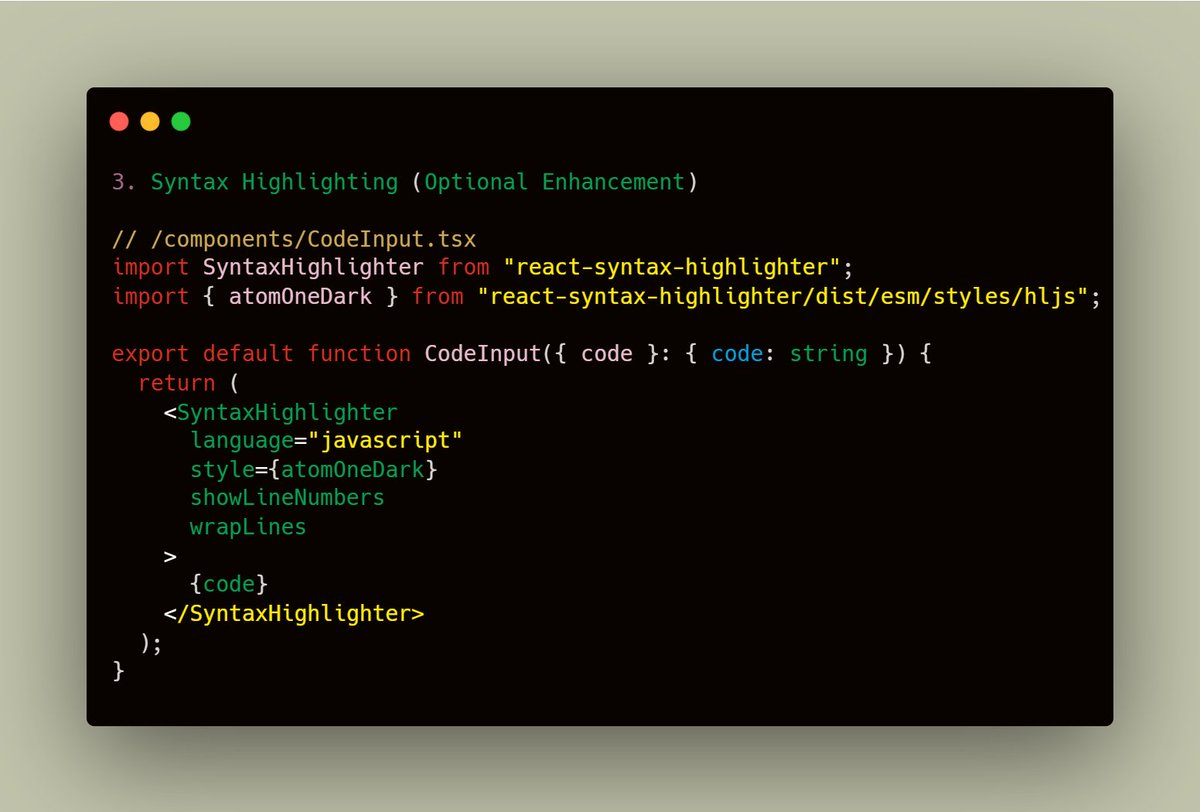 e_opore's tweet image. Building an AI-Powered Code Review Platform
→ Built with Next.js 15, TypeScript, TailwindCSS, and OpenAI API
→ Accepts code input → sends to API route → analyzes using GPT model → returns AI review
→ Frontend handles user input and displays clean feedback
→ Optional…