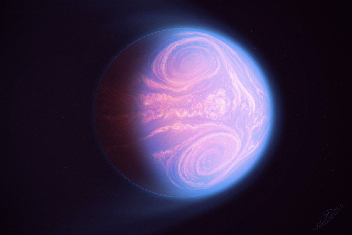 My interpretation of a Hot Jupiter planet. I looked up some info on Hot Jupiter atmospheric dynamics and this is my best guess what this type of a planet might look like.