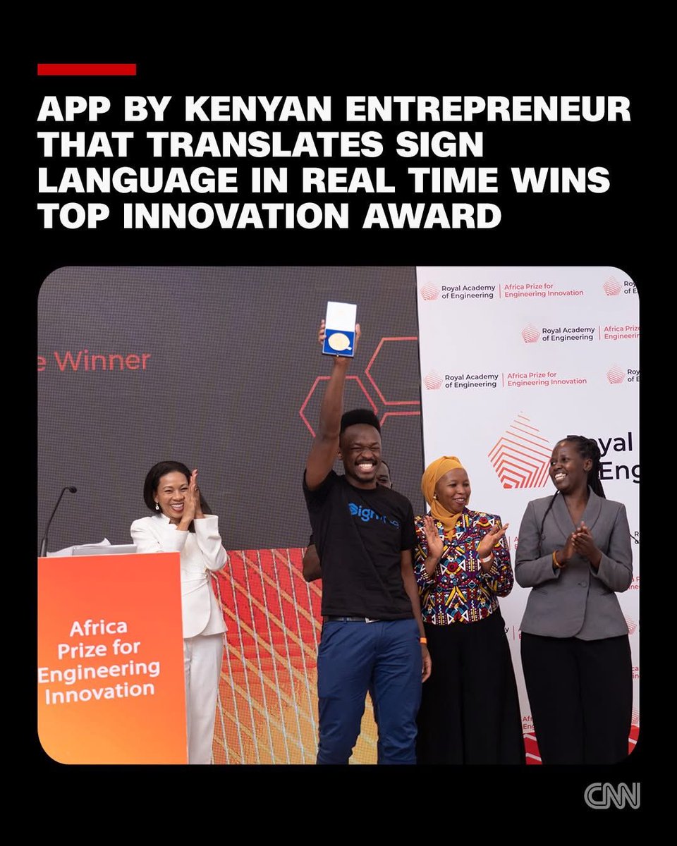 🇰🇪 <a href="/Ellysavatia/">Elly Savatia ⚡</a> designed an app that translates speech into sign language using AI-powered 3D avatars.

He was awarded £50,000 (Ksh8.6m) by the UK’s Royal Academy of Engineering for winning its prestigious Africa Prize for Engineering Innovation