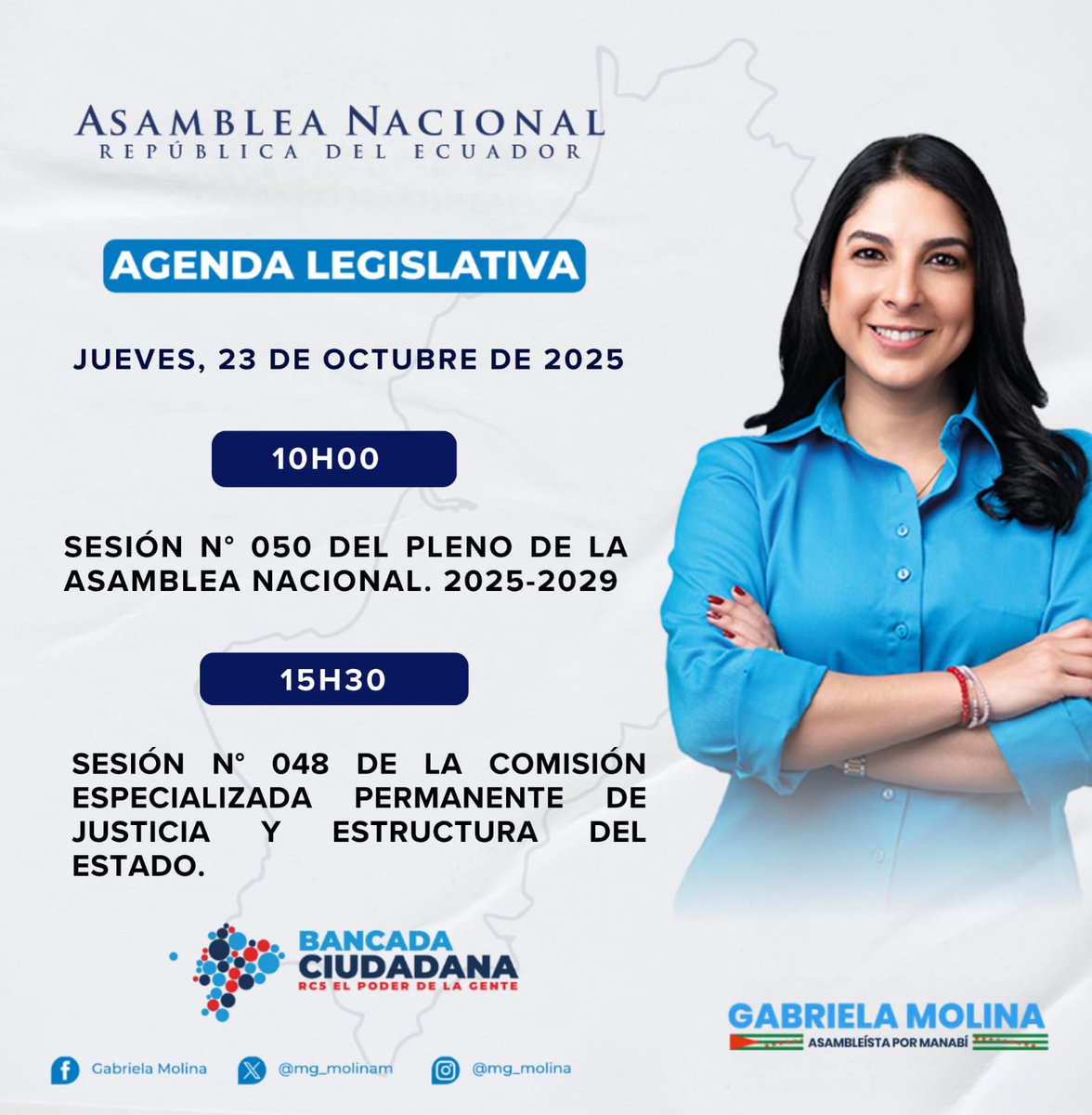 Les comparto la agenda de actividades a desarrollarse el día de hoy. 

(Jueves, 23 de Octubre de 2025)

Aquí el link 👇
facebook.com/share/p/1Jkb1W…

#AsambleístaPorManabí #AgendaDeActividades #LegislamosParaTi #GabrielaMolinaAsambleísta