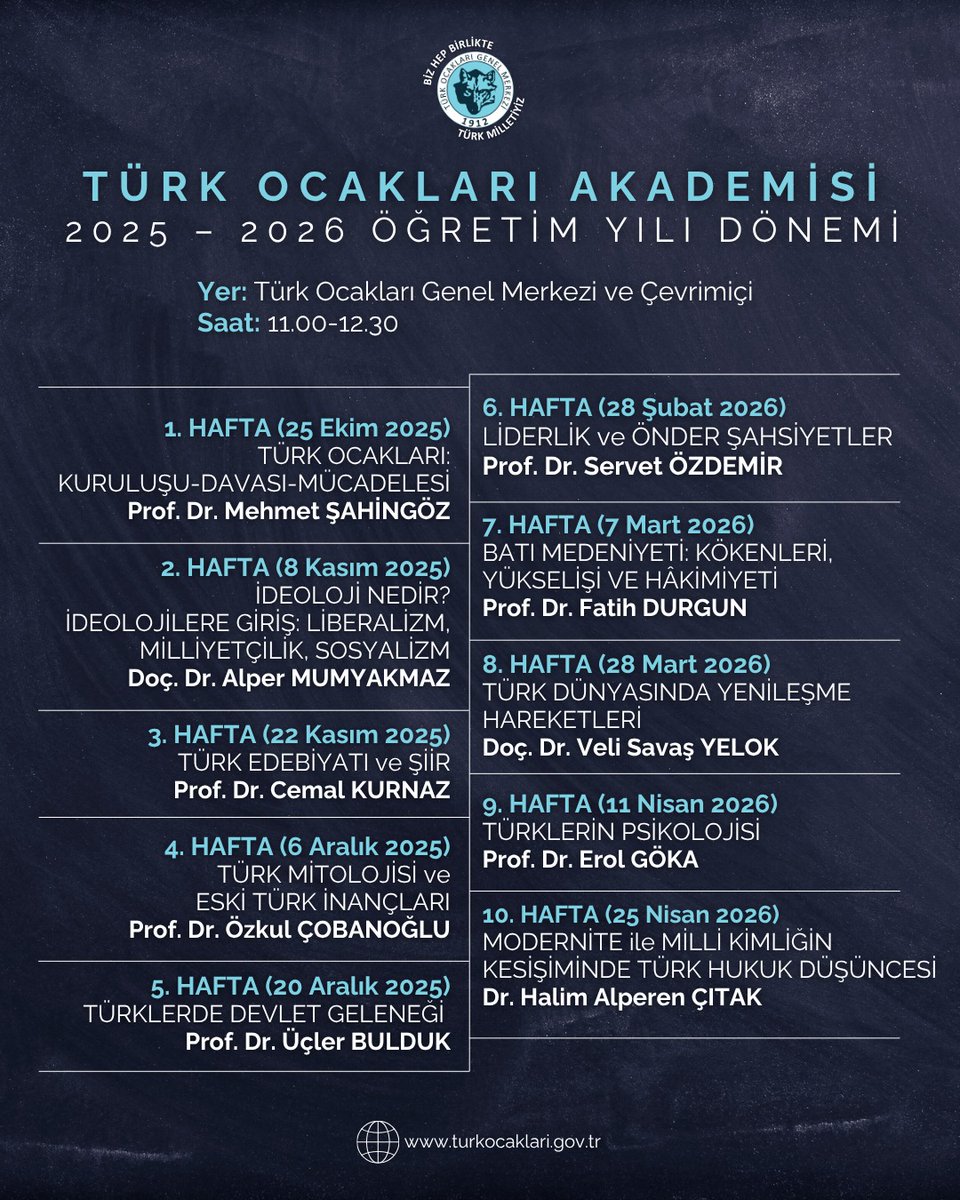 Türk Ocakları Akademisi 2025-2026 Dönemi Ders Programı
🔗turkocaklari.org.tr/turk-ocaklari-…