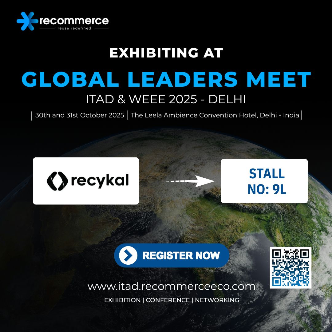 Recommerceeco's tweet photo. Excited to announce @recykaldotcom  at GLOBAL LEADERS MEET: ITAD &amp; WEEE 2025, Delhi! 
Visit Stall 9L for innovative recycling &amp; waste solutions. 
Register now: https://t.co/hjBPAXY4hb 

#EPRCompliance #CircularEconomy #SustainableSolutions #RecyclingInnovation #GreenFuture https://t.co/CiDKRO18mr