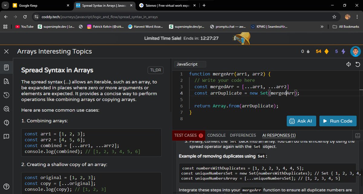 SirKelvthedev_'s tweet image. Day 5 of learning Concepts in Javascript. Keeping it going with using the spread syntax  to combine and copy arrays. also understanding what  sparse arrays  are . Have to revise this later on.  i no really sabi like that 😅 #LearnToCode  #programmermindset #DevLife #100daysofcode